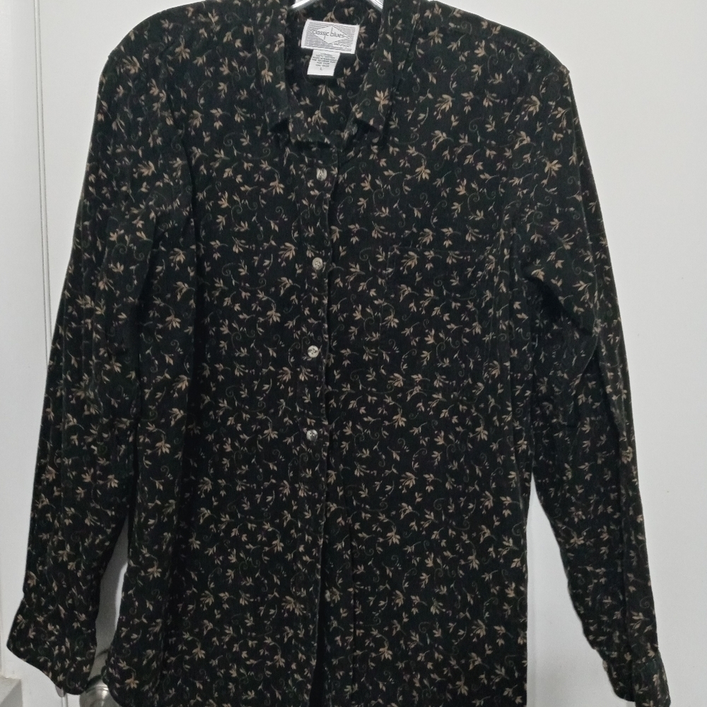 Wrangler Classic Blues Floral Long Sleeve Button Down Corduroy Blouse